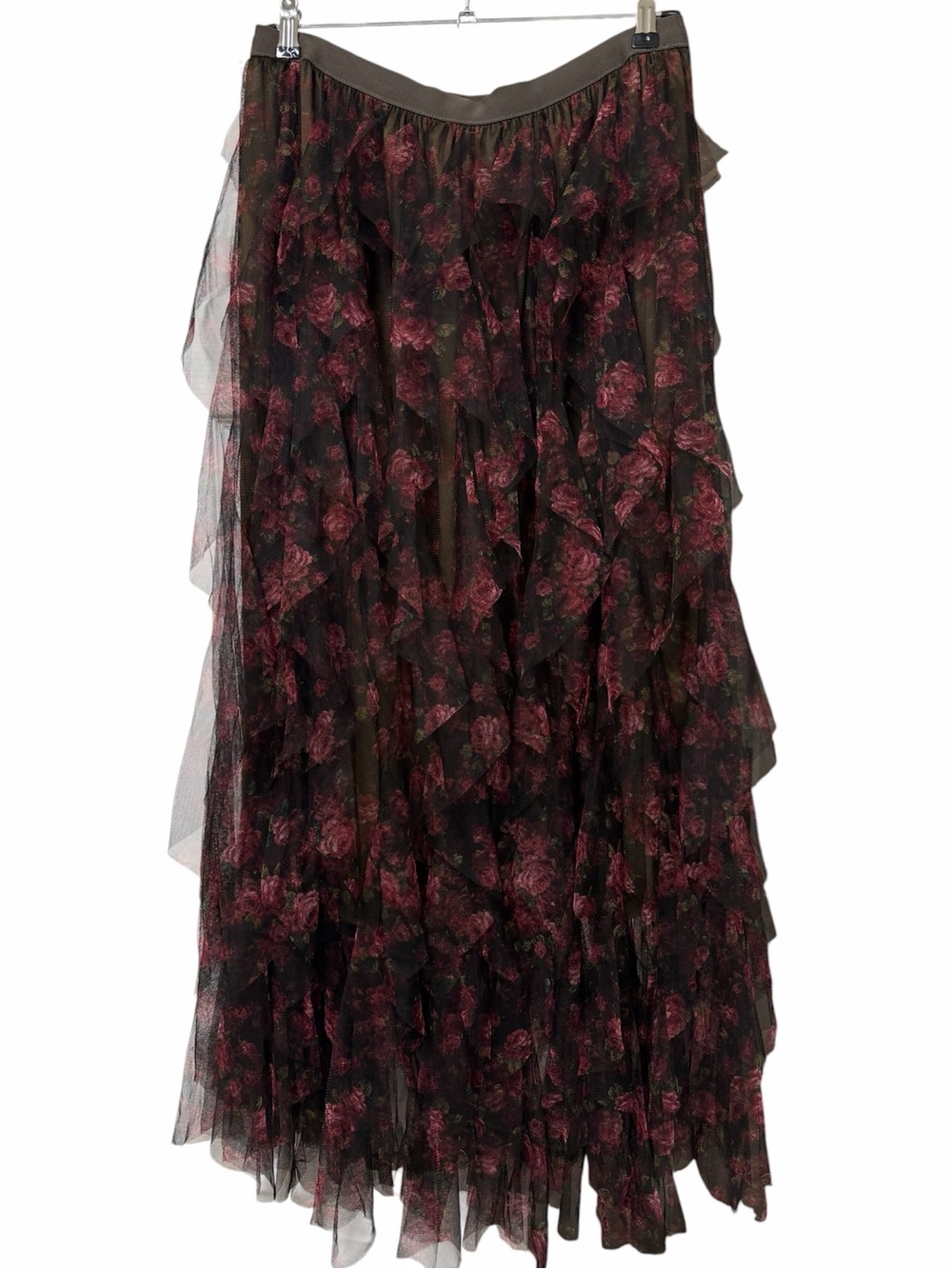 Amber Sky Floral Tiered Tulle Maxi Skirt Whimsigoth Black Red Size XL